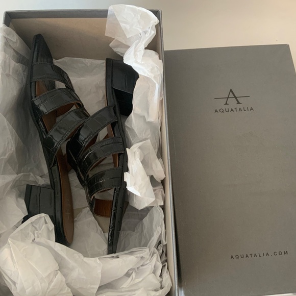 Aquatalia Harla Croco Caged Mule Sandals Black Leather Croc Embossed Shoes 8 - Picture 15 of 16